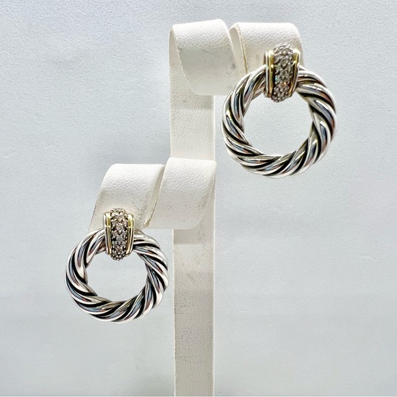 David Yurman Sterling Silver 18k Diamond Cable Door Knocker Earrings - Picture 9 of 12